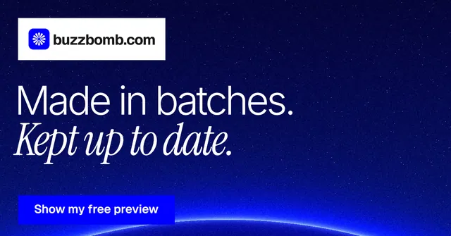 Social ad for BuzzBomb: "Made in batches. Kept up to date." Swiss style, announce layout, dark palette in blue.