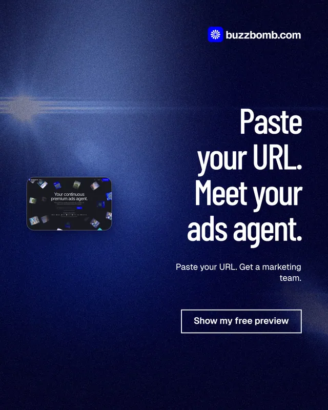 Instagram portrait post for BuzzBomb: "Paste your URL. Meet your ads agent." Dark deco style, right layout, dark palette in black, blue.