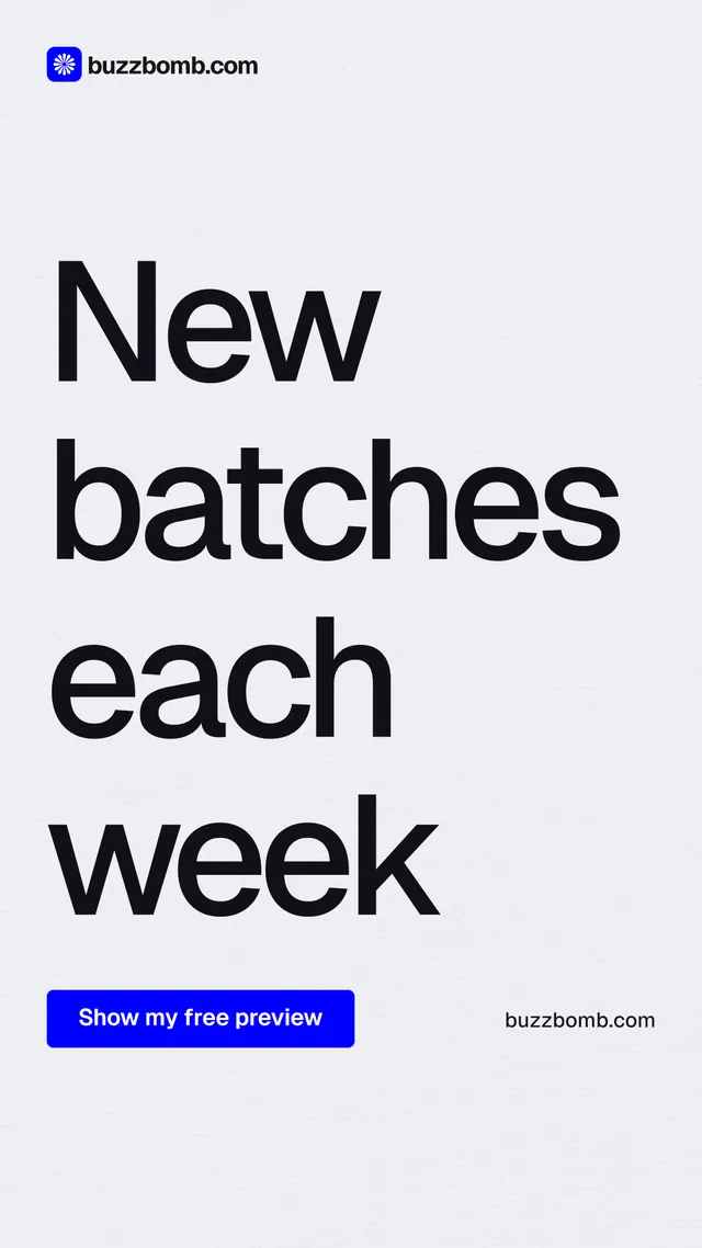 Instagram story for BuzzBomb: "New batches each week". Data card style, poster layout, light palette in white, blue.