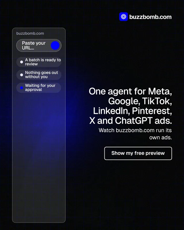 Instagram portrait post for BuzzBomb: "One agent for Meta, Google, TikTok, LinkedIn, Pinterest, X and ChatGPT ads." Phosphor atlas style, right layout, dark palette in black, blue.