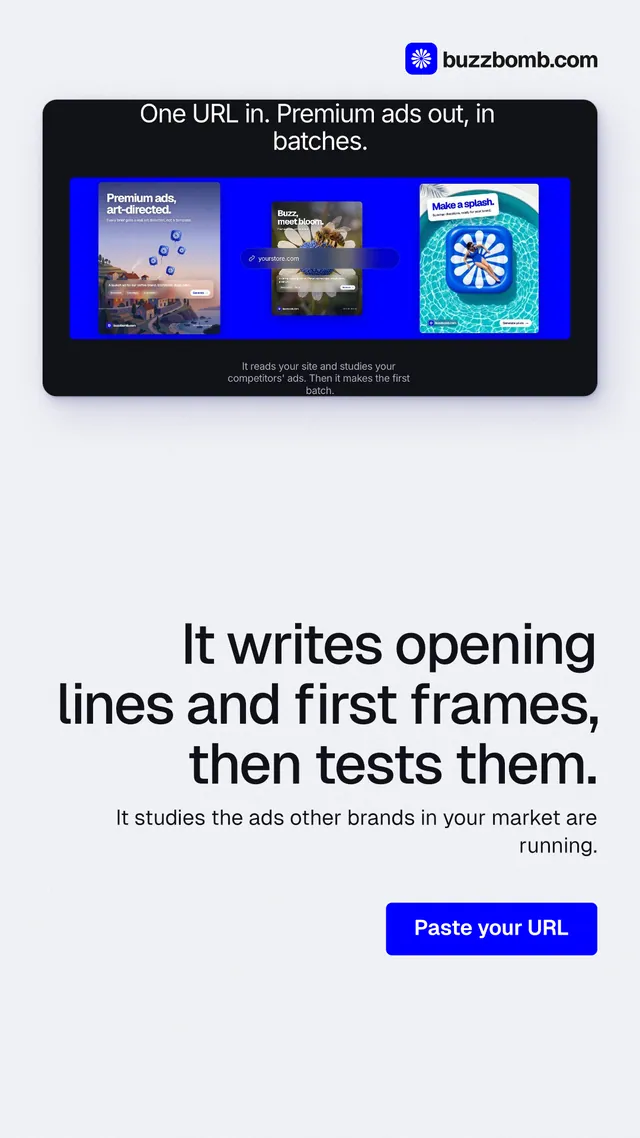 Instagram story for BuzzBomb: "It writes opening lines and first frames, then tests them." Data card style, right layout, light palette in white, blue, grey.