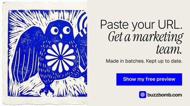 Landscape graphic for BuzzBomb: "Paste your URL. Get a marketing team." Swiss style, right layout, light palette in yellow, blue, grey.