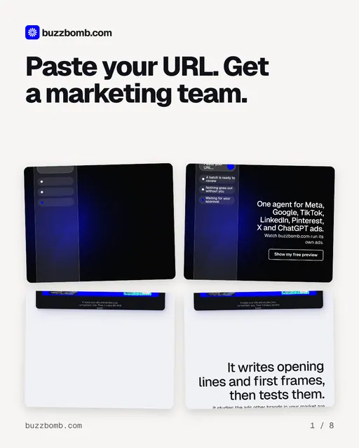 Carousel for BuzzBomb: "Paste your URL. Get a marketing team.". Collection carousel, 8 slides, light palette.