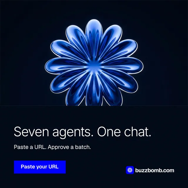 Instagram post for BuzzBomb: "Seven agents. One chat." Swiss style, bottom layout, dark palette in black, blue.