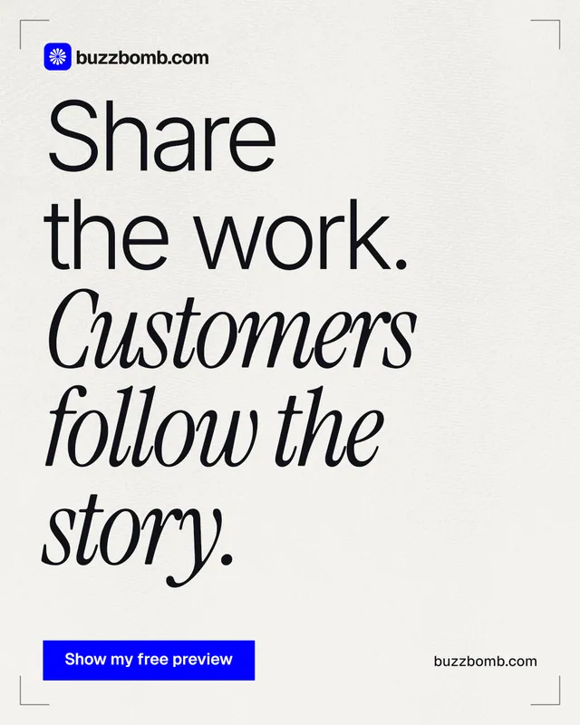 Instagram portrait post for BuzzBomb: "Share the work. Customers follow the story." Swiss style, poster layout, light palette in white, grey.