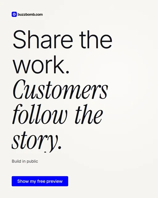 Video for BuzzBomb: "Share the work. Customers follow the story.". Doc motion loop, 7.0 s, light palette.