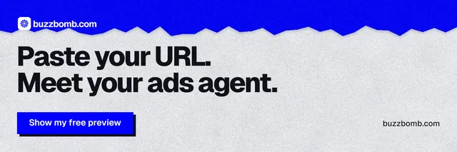 X header for BuzzBomb: "Paste your URL. Meet your ads agent." Paper trio style, poster layout, light palette in white, blue, grey.