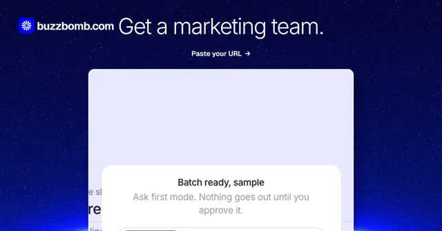 Social ad for BuzzBomb: "Get a marketing team." Swiss style, ogui layout, light palette in blue, white.