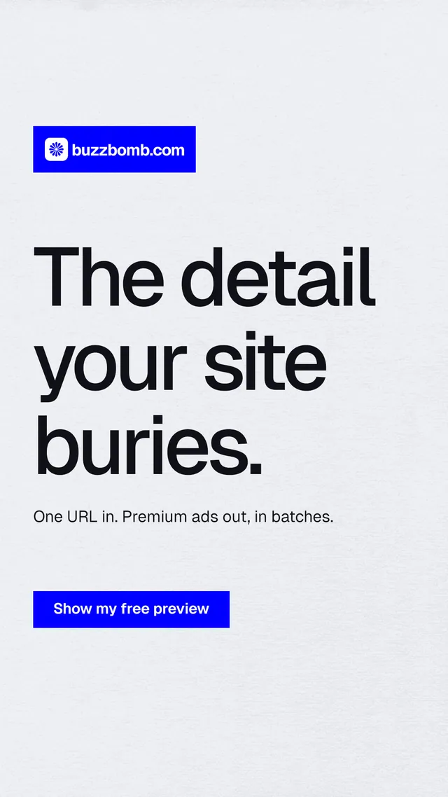 Instagram story for BuzzBomb: "The detail your site buries." Swiss style, announce layout, light palette in white, blue.