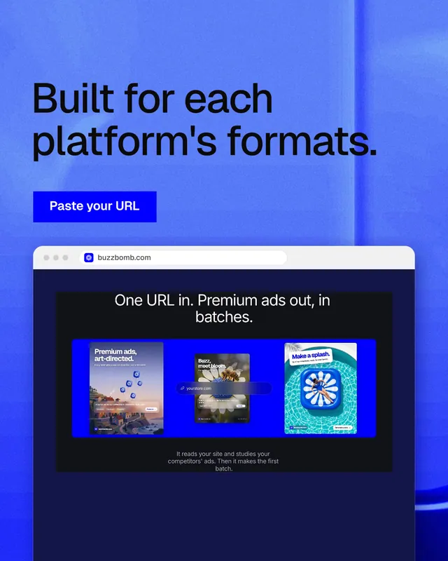 Instagram portrait post for BuzzBomb: "Built for each platform's formats." Swiss style, browser layout, dark palette in blue.