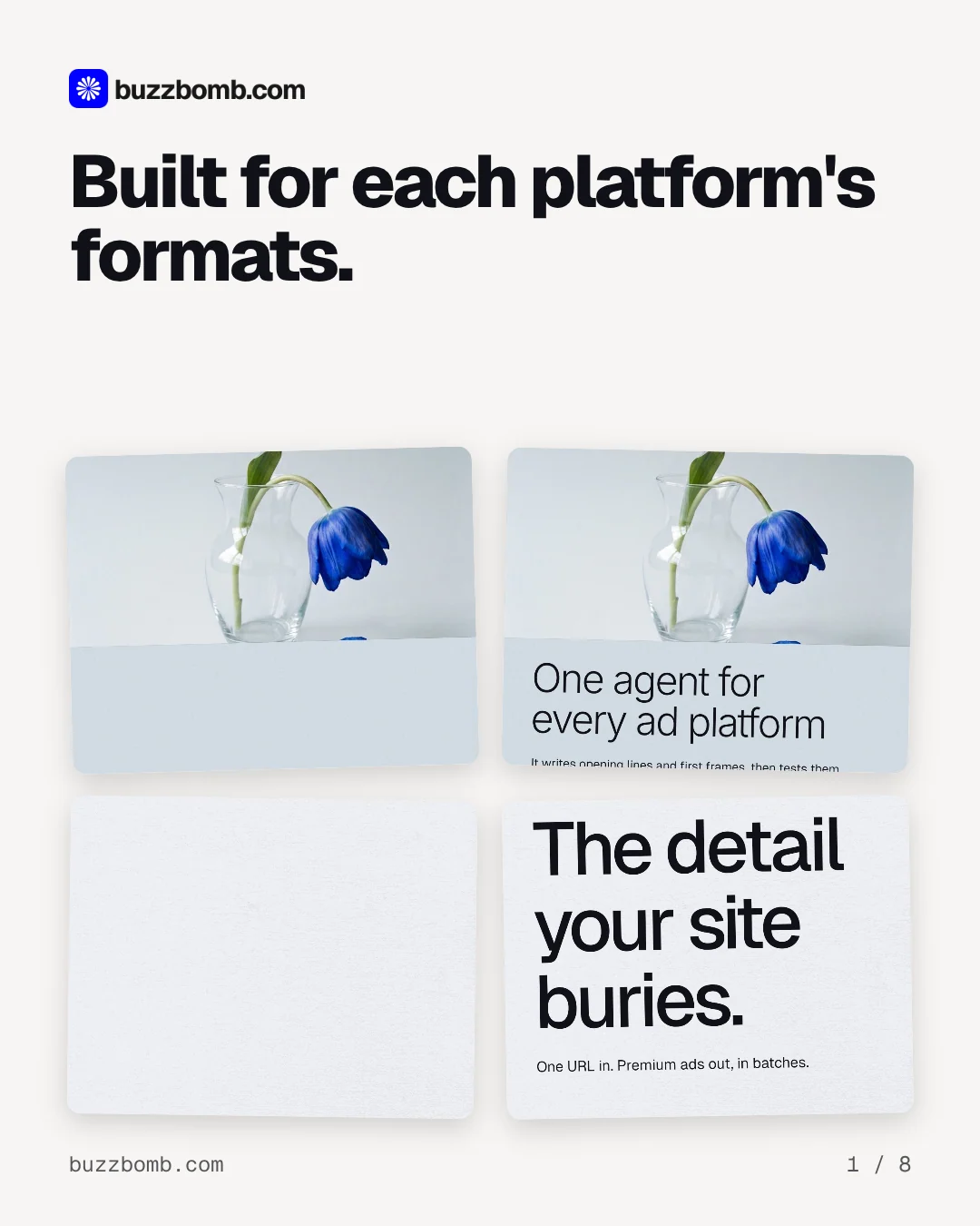 Carousel for BuzzBomb: "Built for each platform's formats.". Collection carousel, 8 slides, light palette.