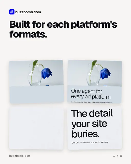 Carousel for BuzzBomb: "Built for each platform's formats.". Collection carousel, 8 slides, light palette.