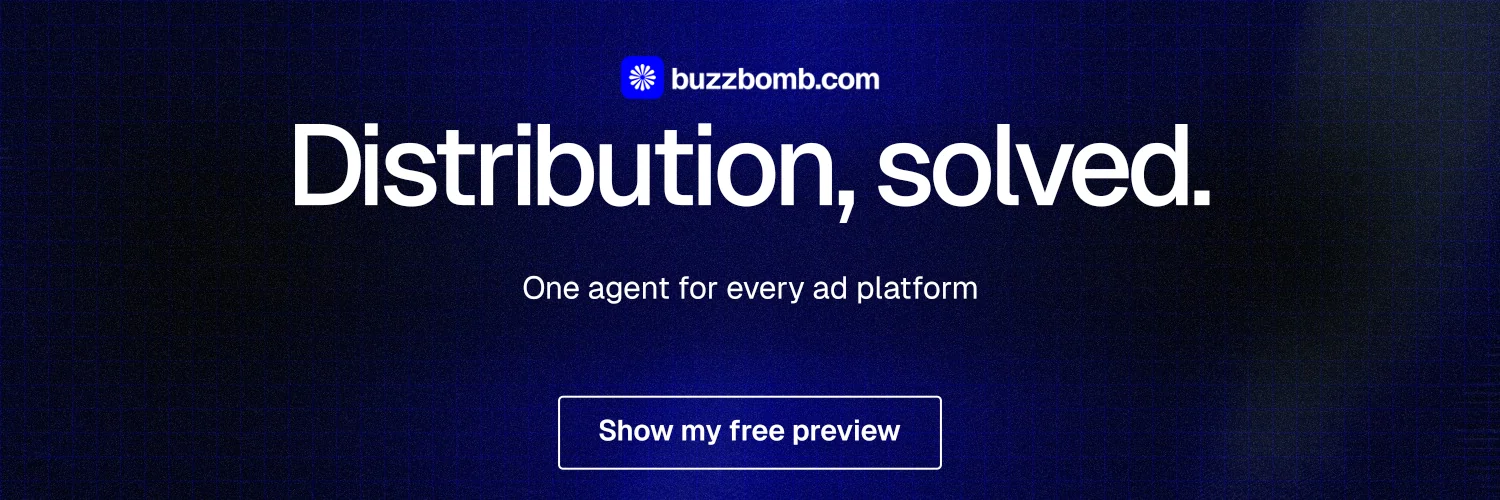 X header for BuzzBomb: "Distribution, solved." Phosphor atlas style, centred layout, dark palette in black, blue, grey.