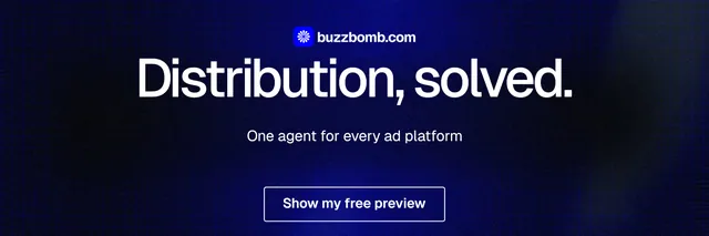 X header for BuzzBomb: "Distribution, solved." Phosphor atlas style, centred layout, dark palette in black, blue, grey.