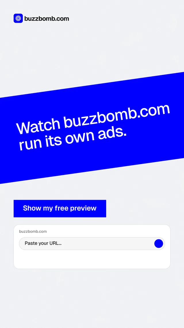 Instagram story for BuzzBomb: "Watch buzzbomb.com run its own ads." Swiss style, diagonal layout, light palette in white, blue.