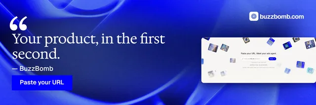 X header for BuzzBomb: "Your product, in the first second." Swiss style, quote layout, dark palette in blue, white.