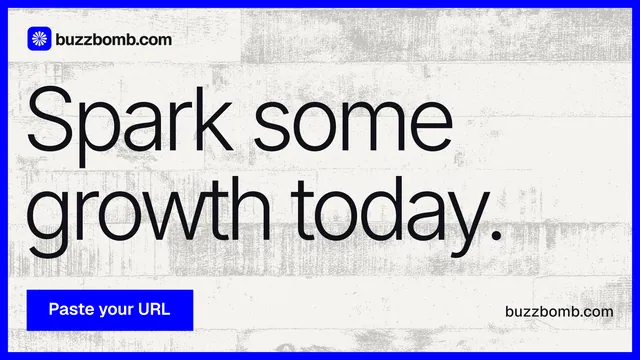 Landscape graphic for BuzzBomb: "Spark some growth today." Swiss style, poster layout, light palette in white, blue.