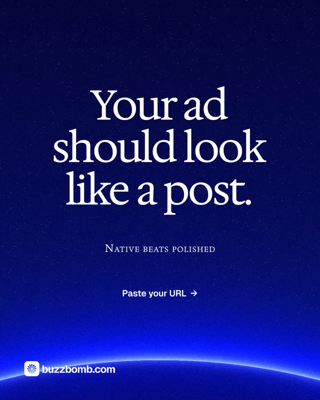 Instagram portrait post for BuzzBomb: "Your ad should look like a post." Swiss style, smallcaps layout, dark palette in blue.