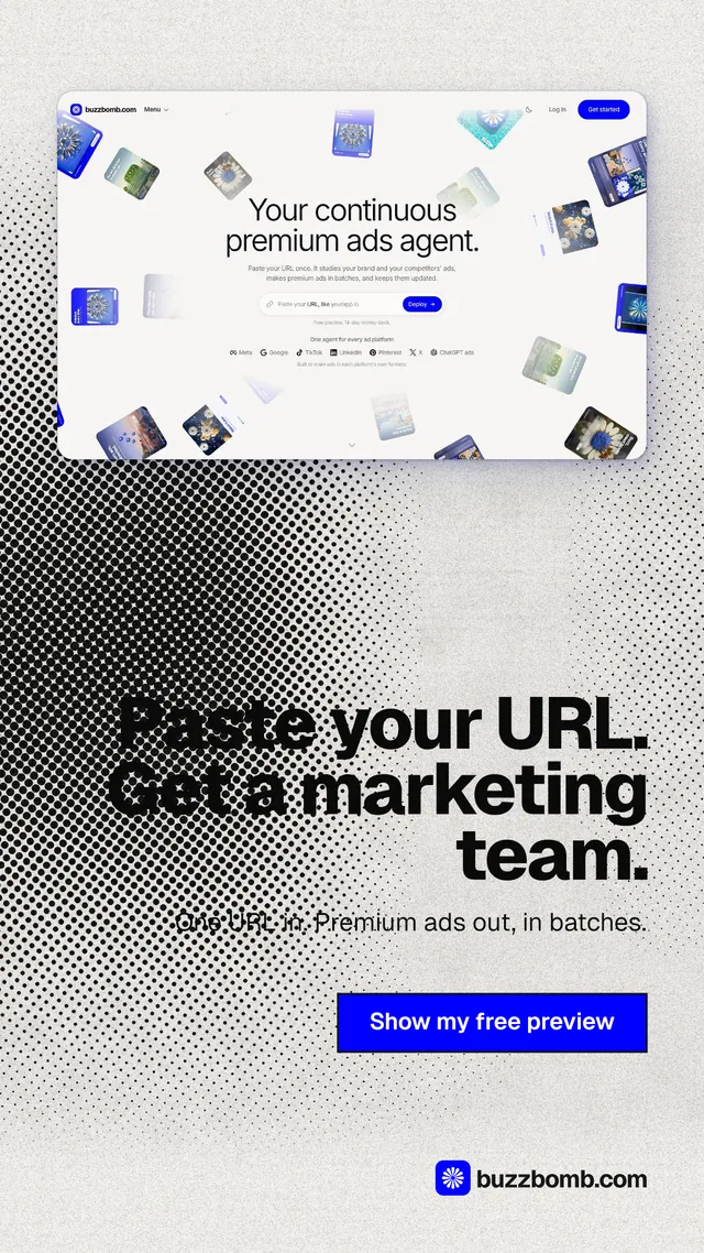 Instagram story for BuzzBomb: "Paste your URL. Get a marketing team." Ink sticker style, right layout, light palette in white, grey.