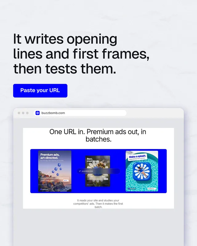 Instagram portrait post for BuzzBomb: "It writes opening lines and first frames, then tests them." Data card style, browser layout, light palette in white, blue.
