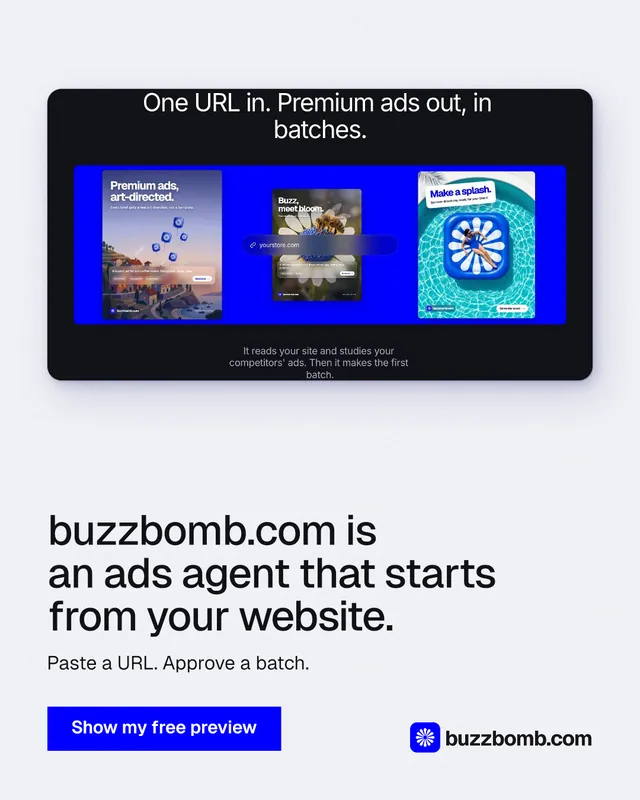 Instagram portrait post for BuzzBomb: "buzzbomb.com is an ads agent that starts from your website." Swiss style, bottom layout, light palette in white, blue, grey.