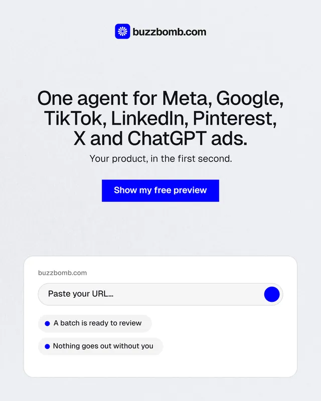 Instagram portrait post for BuzzBomb: "One agent for Meta, Google, TikTok, LinkedIn, Pinterest, X and ChatGPT ads." Swiss style, centred layout, light palette in white, blue.