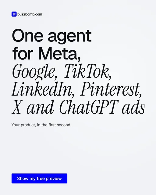 Video for BuzzBomb: "One agent for Meta, Google, TikTok, LinkedIn, Pinterest, X and ChatGPT ads.". Doc motion loop, 7.0 s, light palette.