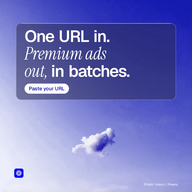 Instagram post for BuzzBomb: "One URL in. Premium ads out, in batches." Glass style, technique:pexels ingredient layout, light palette in blue.