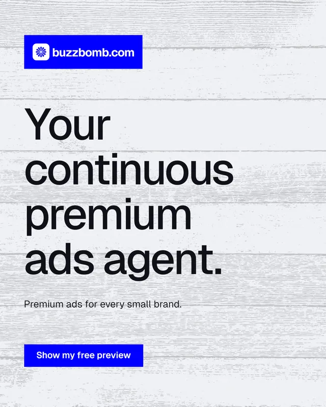 Instagram portrait post for BuzzBomb: "Your continuous premium ads agent." Swiss style, announce layout, light palette in white, blue.