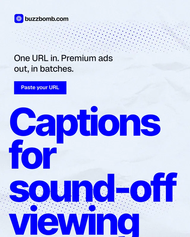 Instagram portrait post for BuzzBomb: "Captions for sound-off viewing". Swiss style, oversized layout, light palette in white, blue.