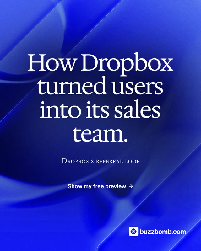 Instagram portrait post for BuzzBomb: "How Dropbox turned users into its sales team." Swiss style, smallcaps layout, dark palette in blue.