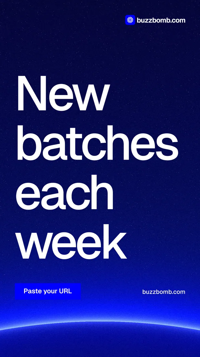 Instagram story for BuzzBomb: "New batches each week". Swiss style, poster layout, dark palette in blue.