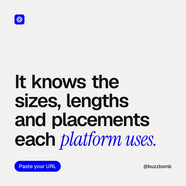 Instagram post for BuzzBomb: "It knows the sizes, lengths and placements each platform uses." Caption style, technique:mixed type lockup layout, light palette in white, grey.