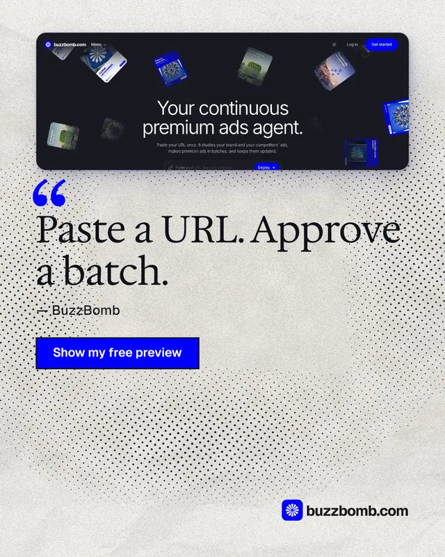 Instagram portrait post for BuzzBomb: "Paste a URL. Approve a batch." Ink sticker style, quote layout, light palette in white, blue, grey.