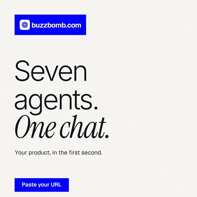 Instagram post for BuzzBomb: "Seven agents. One chat." Swiss style, announce layout, light palette in white, blue.