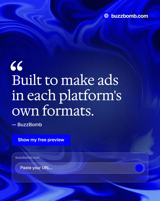 Instagram portrait post for BuzzBomb: "Built to make ads in each platform's own formats." Swiss style, quote layout, dark palette in blue.