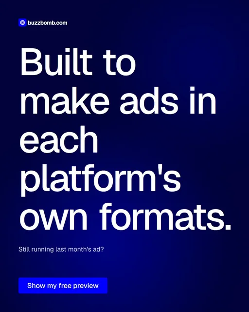 Video for BuzzBomb: "Built to make ads in each platform's own formats.". Doc motion loop, 6.0 s, dark palette.
