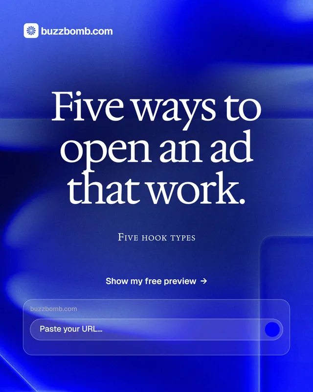 Instagram portrait post for BuzzBomb: "Five ways to open an ad that work." Swiss style, smallcaps layout, dark palette in blue.