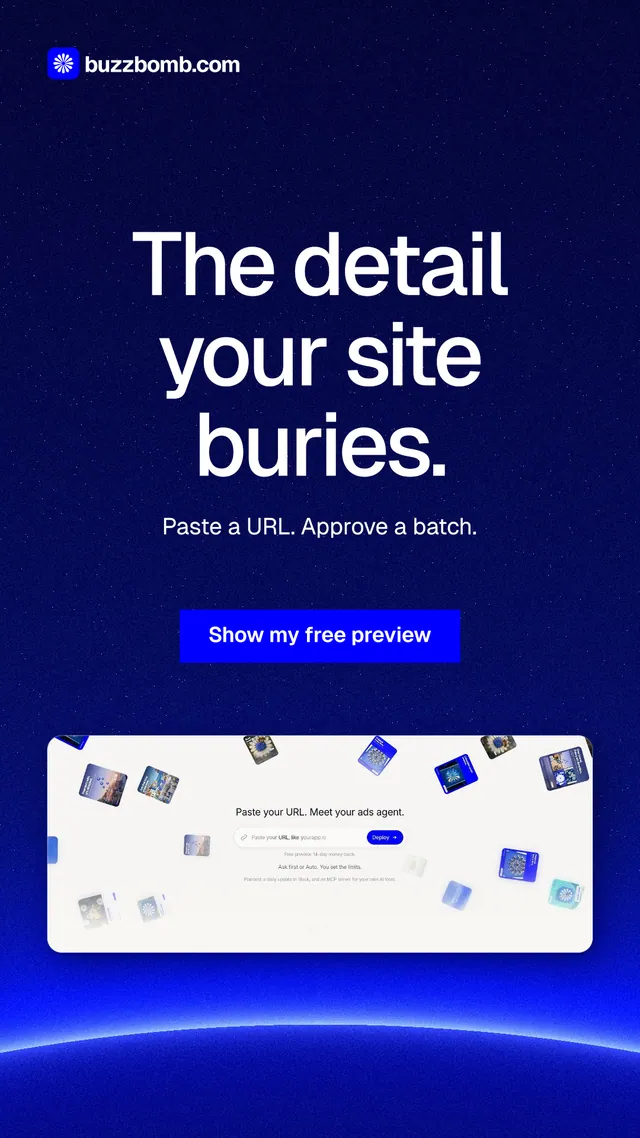 Instagram story for BuzzBomb: "The detail your site buries." Swiss style, centred layout, dark palette in blue, white.