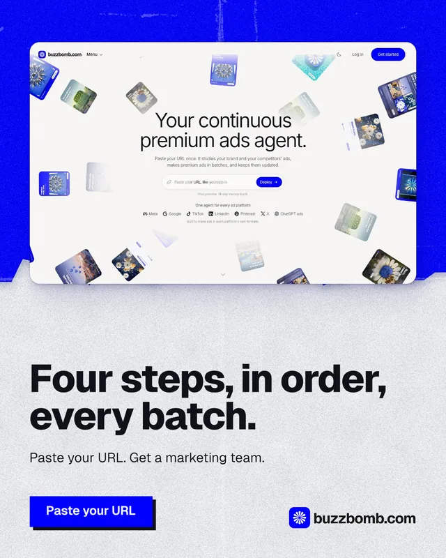 Instagram portrait post for BuzzBomb: "Four steps, in order, every batch." Paper trio style, bottom layout, light palette in white, blue.