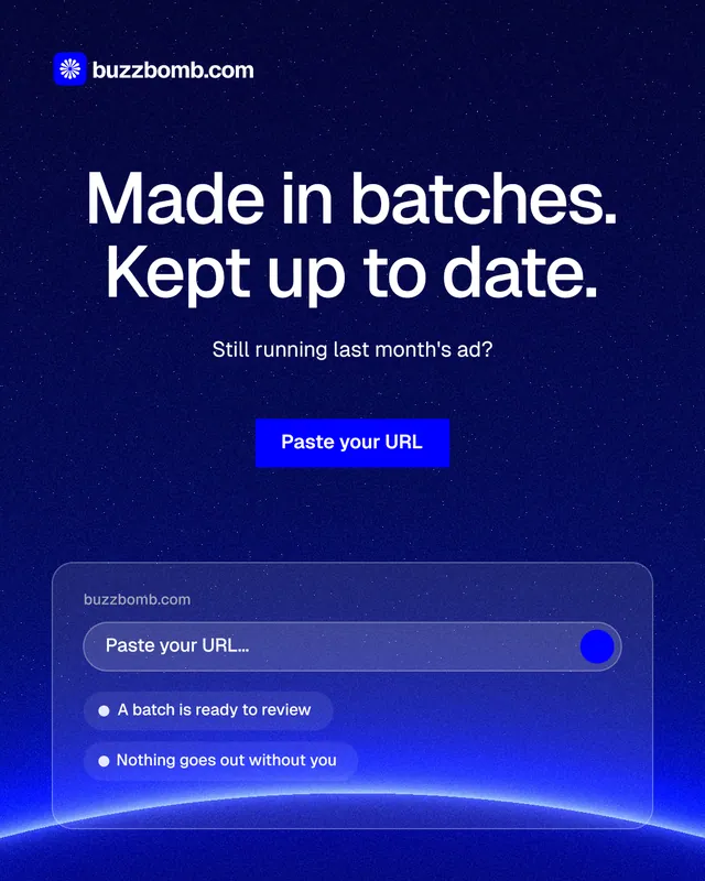 Instagram portrait post for BuzzBomb: "Made in batches. Kept up to date." Swiss style, centred layout, dark palette in blue.