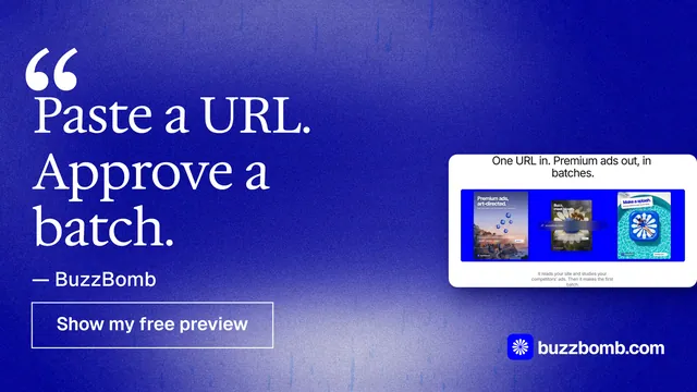 Landscape graphic for BuzzBomb: "Paste a URL. Approve a batch." Cyanotype style, quote layout, dark palette in blue.