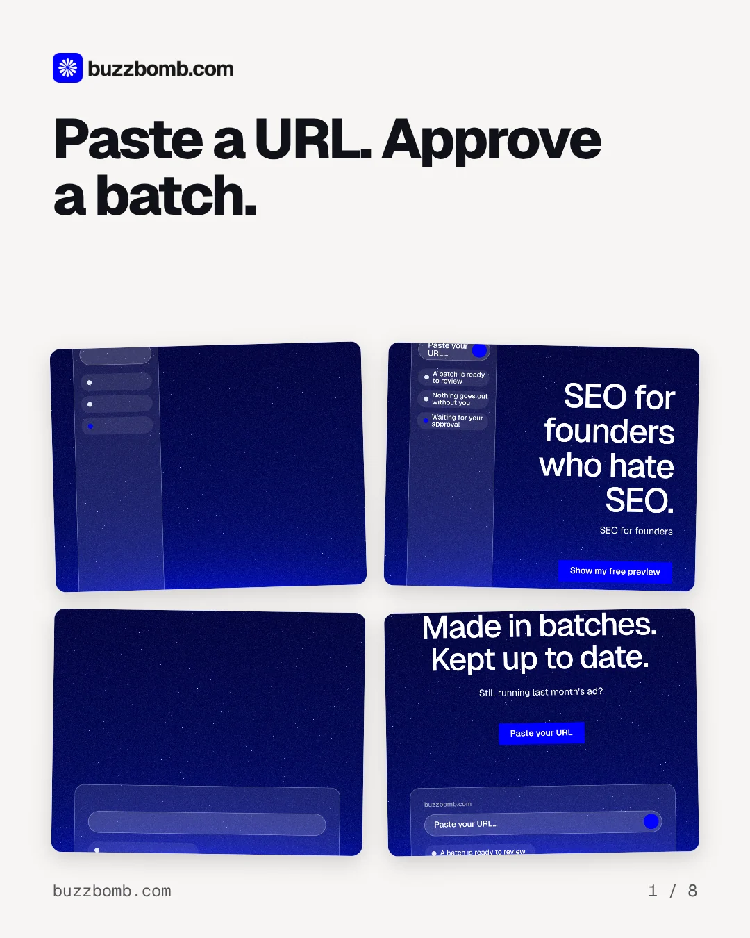 Carousel for BuzzBomb: "Paste a URL. Approve a batch.". Collection carousel, 8 slides, light palette.