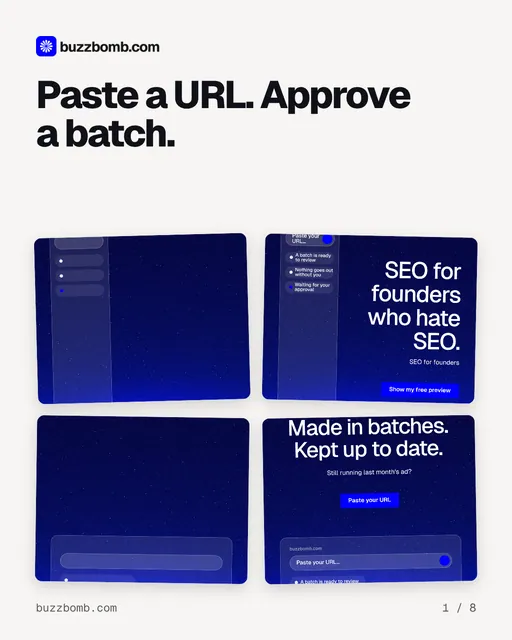Carousel for BuzzBomb: "Paste a URL. Approve a batch.". Collection carousel, 8 slides, light palette.