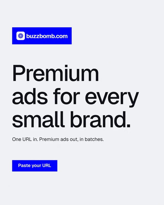 Instagram portrait post for BuzzBomb: "Premium ads for every small brand." Swiss style, announce layout, light palette in white, blue.