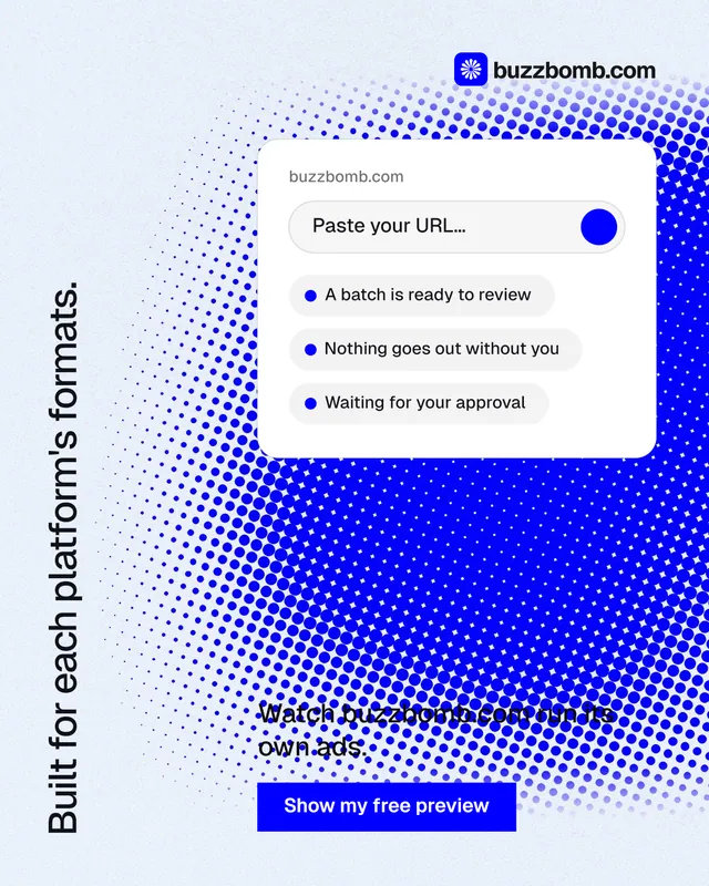 Instagram portrait post for BuzzBomb: "Built for each platform's formats." Swiss style, vertical layout, light palette in white, blue.