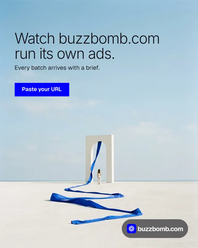 Instagram portrait post for BuzzBomb: "Watch buzzbomb.com run its own ads." Swiss style, bottom layout, light palette in blue, white.