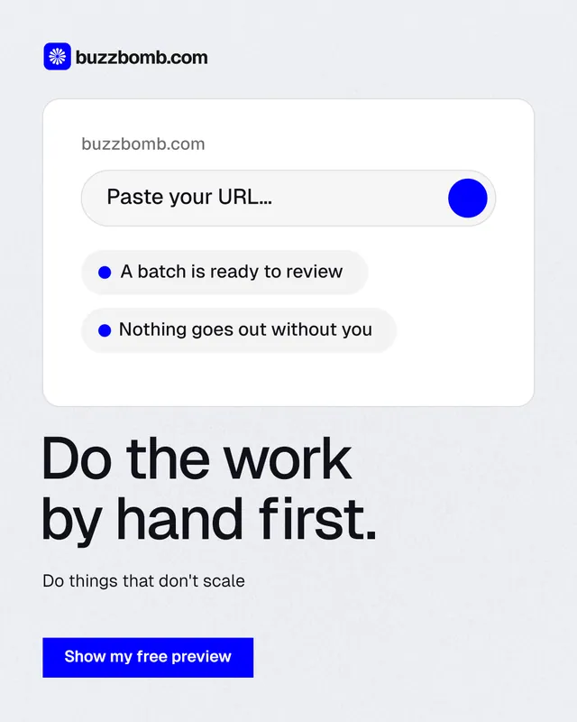 Instagram portrait post for BuzzBomb: "Do the work by hand first." Swiss style, bottom layout, light palette in white, blue.