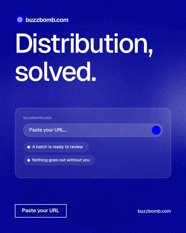Instagram portrait post for BuzzBomb: "Distribution, solved." Cyanotype style, poster layout, dark palette in blue.