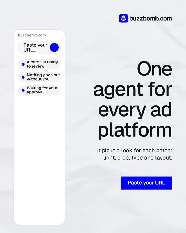 Instagram portrait post for BuzzBomb: "One agent for every ad platform". Swiss style, right layout, light palette in white, blue.